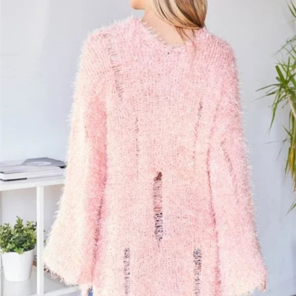Comfy Oversized Fuzzy Pink Distressed Sweater - Picture 3 of 6